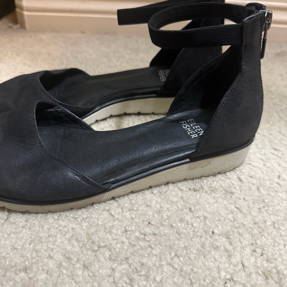 Eileen Fisher Emmet Ankle Strap Ballerina Flats Nubuck d'Orsay Sandals Black 6 - Picture 4 of 5